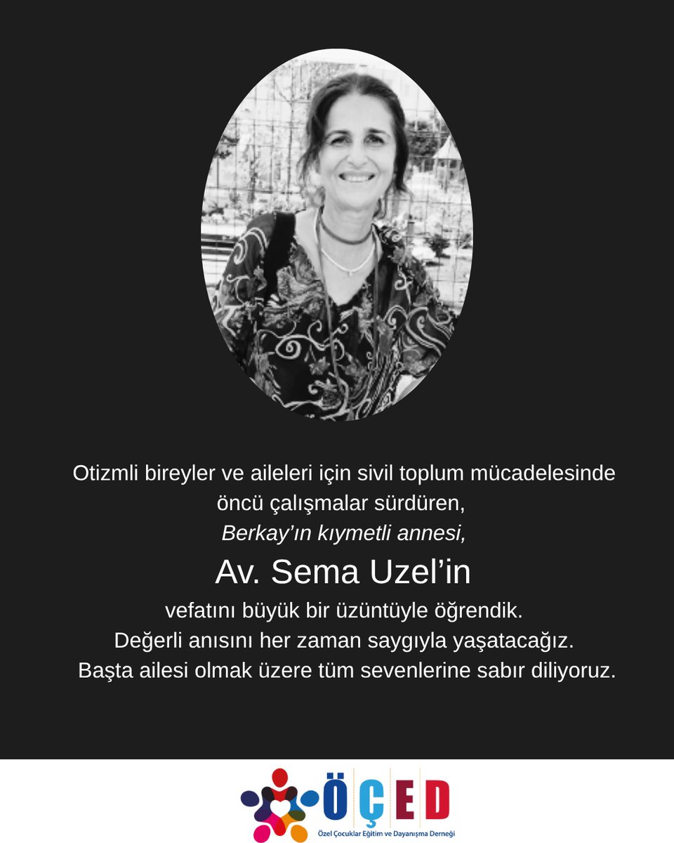 Otizmli bireyler ve aileleri için sivil toplum mücadelesinde öncü çalışmalar sürdüren, 
Berkay’ın kıymetli annesi,  Av. Sema Uzel’in vefatını büyük bir üzüntüyle öğrendik.
Başta ailesi olmak üzere tüm sevenlerine sabır diliyoruz.

.
.
.
#ÖÇED #SemaUzel