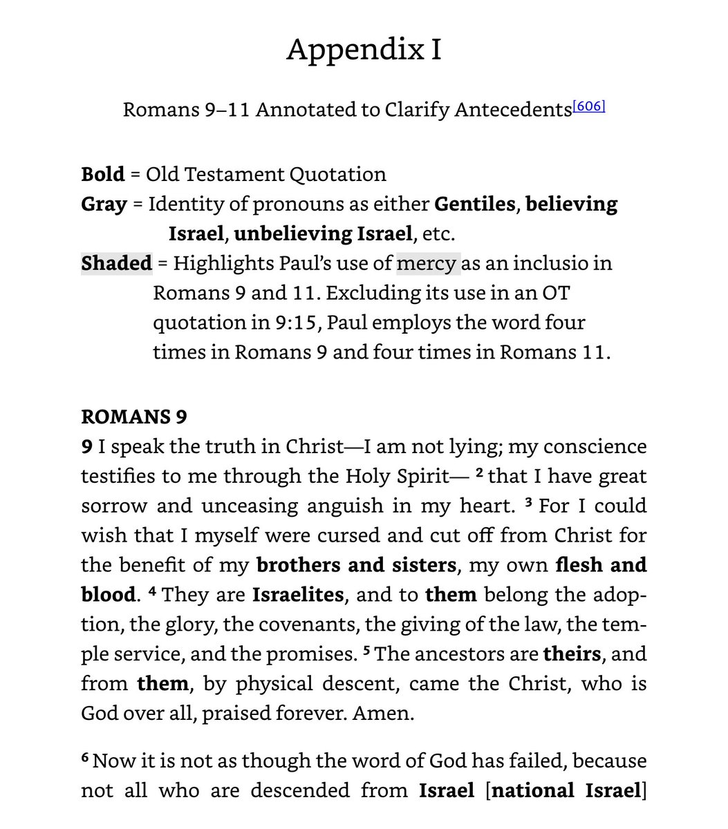 JoeyRogersMBC's tweet image. When you come to the end of @DrDavidLAllen Liberating Romans from Reformed Captivity, in the First Appendix he includes Romans 9-11 with bold, gray, and shaded portions of the text to clarify antecedents. An interesting and helpful addition to the work that allows one to better…