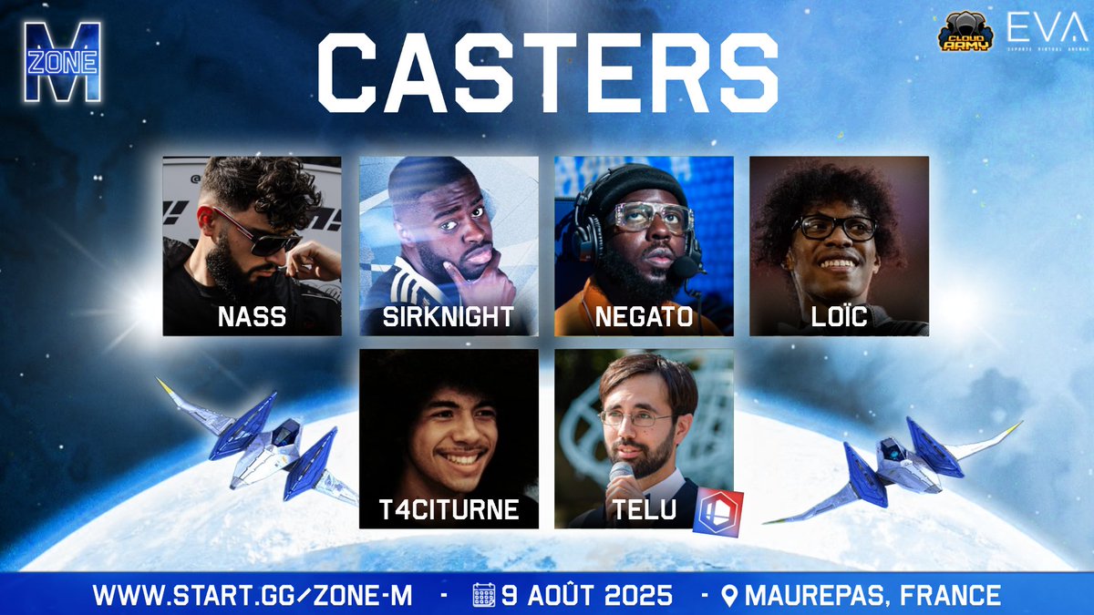 CloudArmy_'s tweet image. Pour mettre de l'ambiance à la Zone M, 6 commentateurs viennent prêter leur voix !
@GomuGomuNass, @AstralSirknight, @Negato77, @loicsamaaa, @T4citurne_, et @teluoborg seront vos guides dans ce nouvel univers...
📅 9 Août
🔗start.gg/tournament/zon…