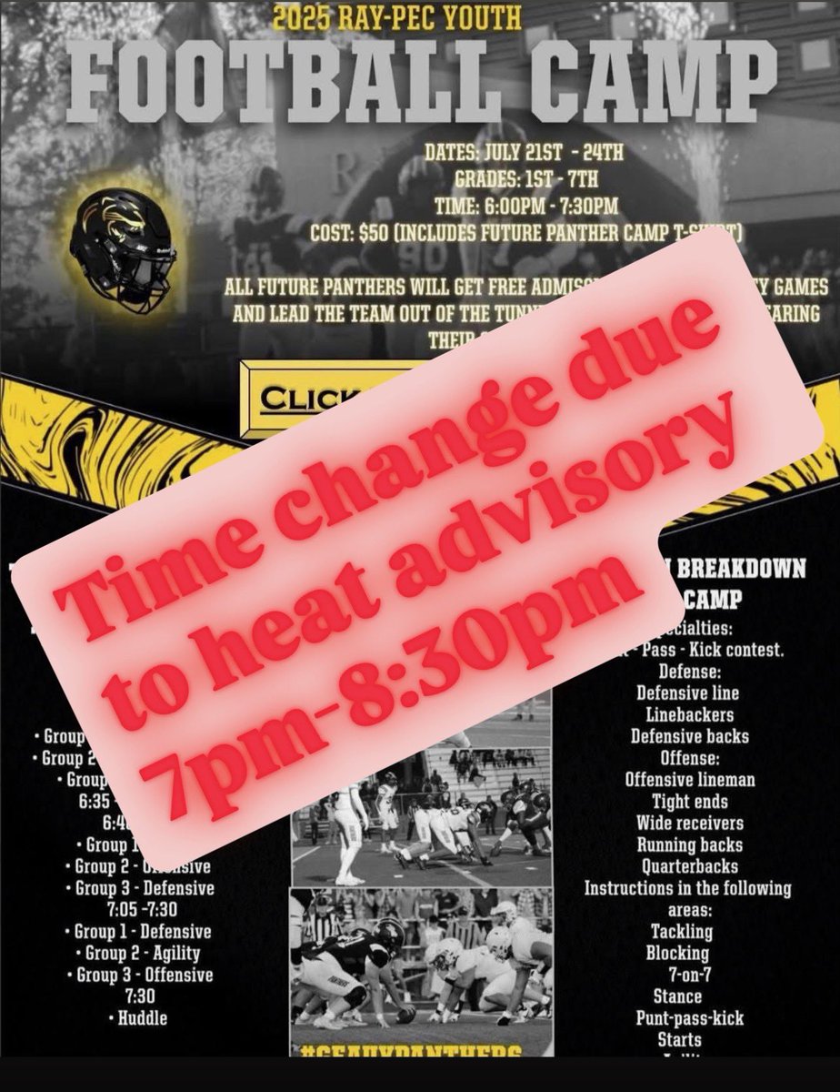 JonesgGreg's tweet image. Please help spread the word! We are bumping youth camp back an hour to help with the heat!
@RayPecFB