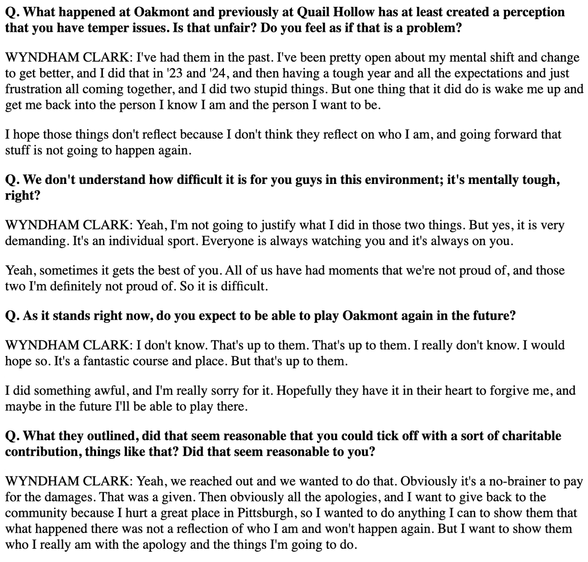 Sean_Zak's tweet image. Wyndham Clark spoke with the media after today's final round:
- Said he feels terrible about what happened at Oakmont
- "Hopefully in a few months we're past this."
- Said he reached out to club
- Wished club letter would have stayed private
- Called it a "wake up" for him