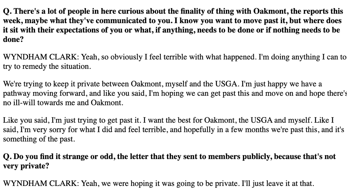 Sean_Zak's tweet image. Wyndham Clark spoke with the media after today's final round:
- Said he feels terrible about what happened at Oakmont
- "Hopefully in a few months we're past this."
- Said he reached out to club
- Wished club letter would have stayed private
- Called it a "wake up" for him