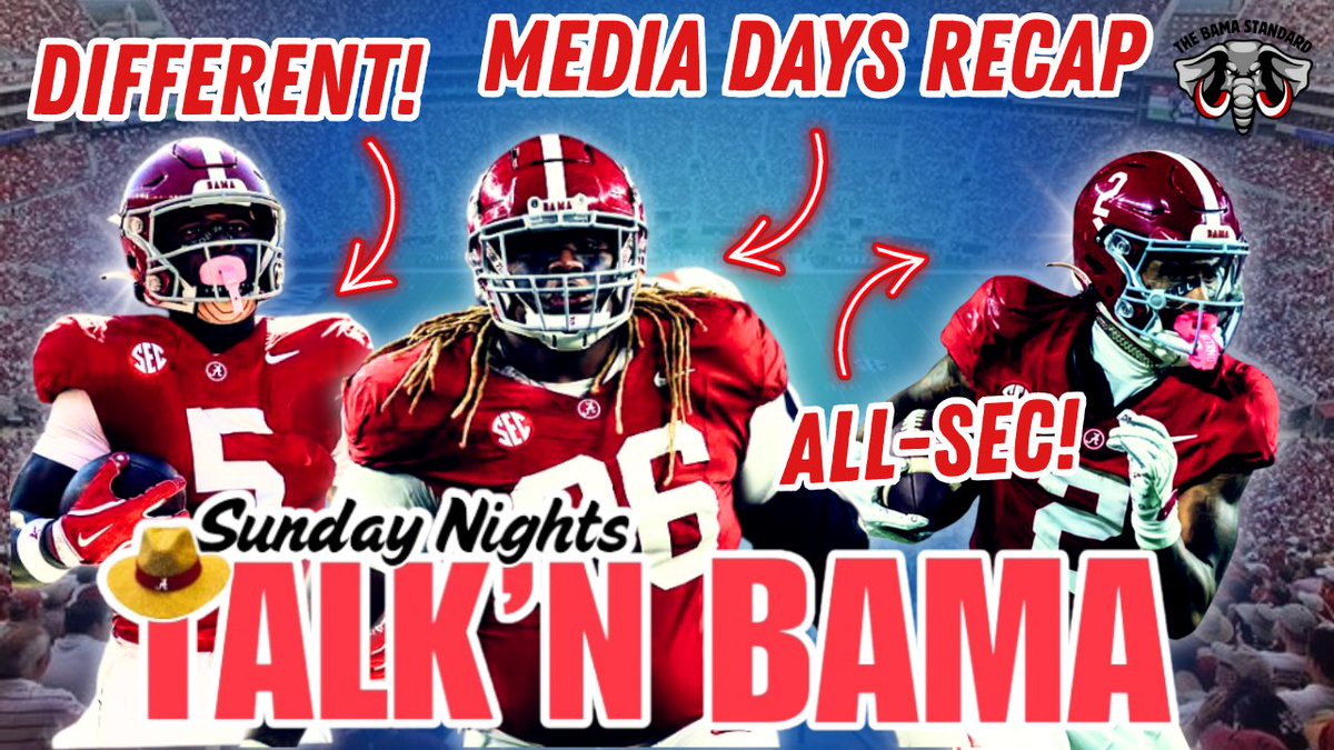 Join us TONIGHT! 7pm CT / 8pm ET LIVE for “Talk’n Bama” 
#RollTide 🐘🎙️🚨 

Fallout from SEC Media Days: 

🎯 DeBoer praises his WR group 
🎯 11 Preseason All- SEC Players
🎯 Castellanos still talking? 🤔 
🎯 Bama Players responded!

Watch here: 🎥  youtube.com/live/UUORSNvC0…