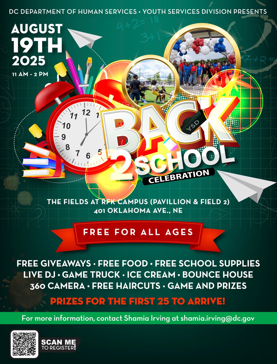 MayorBowser's tweet image. It's never too early to start getting ready for the 2025-26 school year. ✏️
Mark your calendars for the biggest Back to School event of the season—there will be free school supplies, haircuts, games, food, & fun for all ages:
🗓️Tues, Aug 19
⌚️11AM
📌Fields at RFK Campus