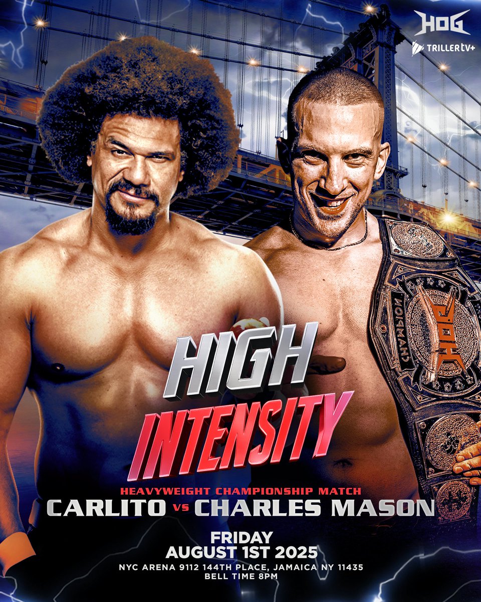 HOGwrestling's tweet image. The Root Of All Evil @CharlesMas0n defends the HOG Heavyweight Championship against @Litocolon279 on Friday August 1st at #HighIntensity . Can the returning Carlito stop Mason's reign of terror?
Get your tickets now! ⬇️
tickettailor.com/events/houseof…