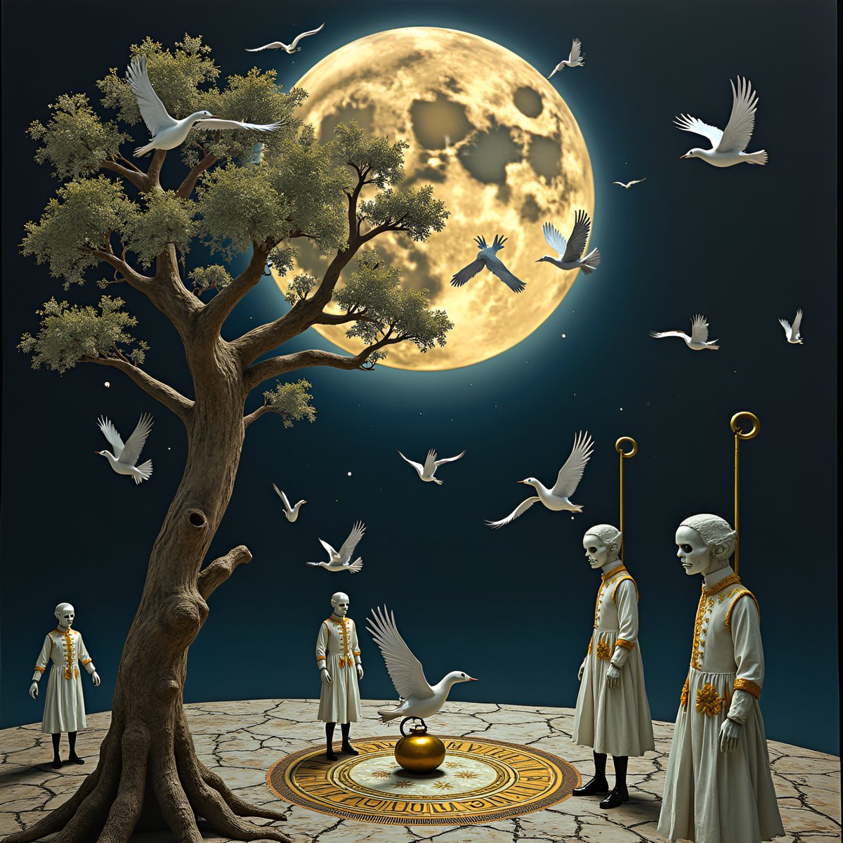 PromptSin's tweet image. When the moon&apos;s this bright, even skeletons dance under the stars 🌕🕊️ Who’s your moonlit muse? #SurrealVibes #NightMagic
