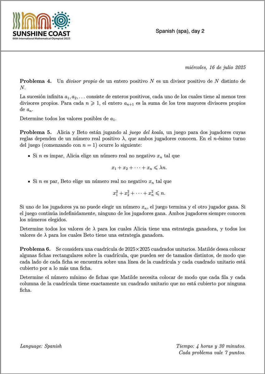 PJOVENESTALENTO's tweet image. Estos fueron los exámenes de la 66.ª Olimpiada Internacional de Matemática, Australiaque retan lógica, creatividad y profundidad matemática.
💡 Compartimos aquí los exámenes oficiales para que puedan analizar su complejidad y admirar el nivel de esta competencia internacional.