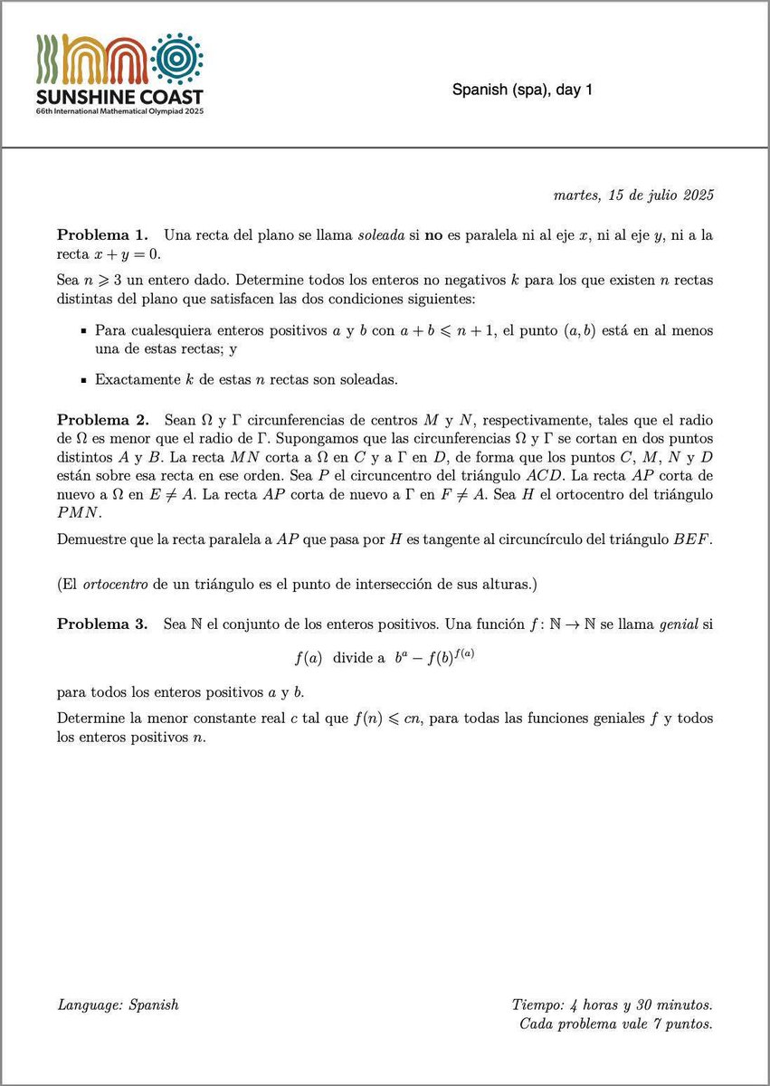 PJOVENESTALENTO's tweet image. Estos fueron los exámenes de la 66.ª Olimpiada Internacional de Matemática, Australiaque retan lógica, creatividad y profundidad matemática.
💡 Compartimos aquí los exámenes oficiales para que puedan analizar su complejidad y admirar el nivel de esta competencia internacional.