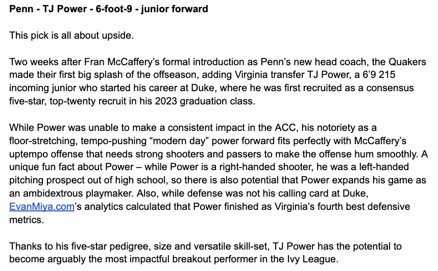 Spending some time this weekend picking the upcoming breakout performers for each #IvyHoops teams.   

With 5⭐️pedigree, Penn's marquee transfer addition TJ Power has the size and skillset to be THE breakout performer in the Ivy League.