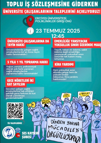 SES Kayseri Şubesi, üniversite çalışanlarının taleplerini açıklamak için yapılacak basın açıklamasına tüm halkı davet etti.

📍Erciyes Üniversitesi Poliklinikler Girişi Önü - Melikgazi - Kayseri
🗓 23 Temmuz 2025 Çarşamba
🕧 12:45