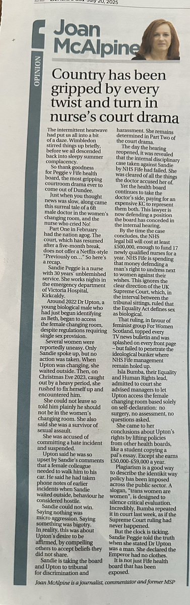 I return to the case of nurse #sandiepeggie in <a href="/Sunday_Post/">The Sunday Post</a> today. Are management <a href="/nhsfife/">NHS Fife</a> so deep in their ideological bunker they missed the Supreme Court ruling on sex between tribunal hearings? What else explains their wilful ignorance? Sharing column here as not online 👇