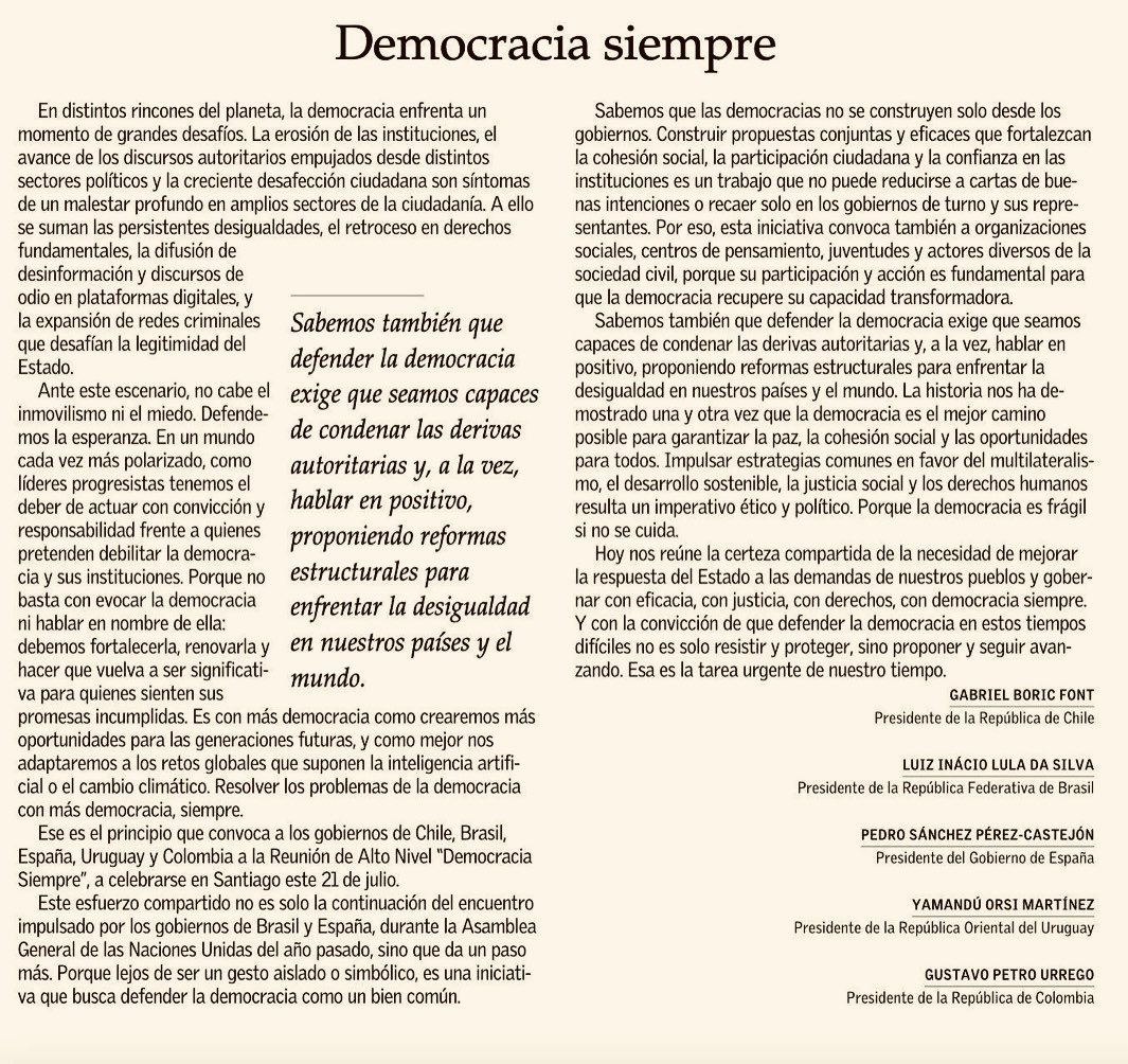 “Es con más democracia como crearemos más oportunidades para las generaciones futuras, y como mejor nos adaptaremos a los retos globales que suponen la inteligencia artificial o el cambio climático. Resolver los problemas de la democracia con más democracia, siempre”. 

Chile