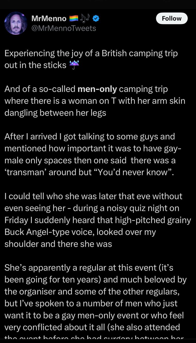 IsabeauVidal's tweet image. “MrMenno” is a transphobic gay man who loves to pretend that a majority of LGB folks agree with him. Unfortunately for him, that is rarely the case as he found out at a trans-inclusive gay men’s camping weekend. What follows is lots of complaining and a conclusion that he’s “more…
