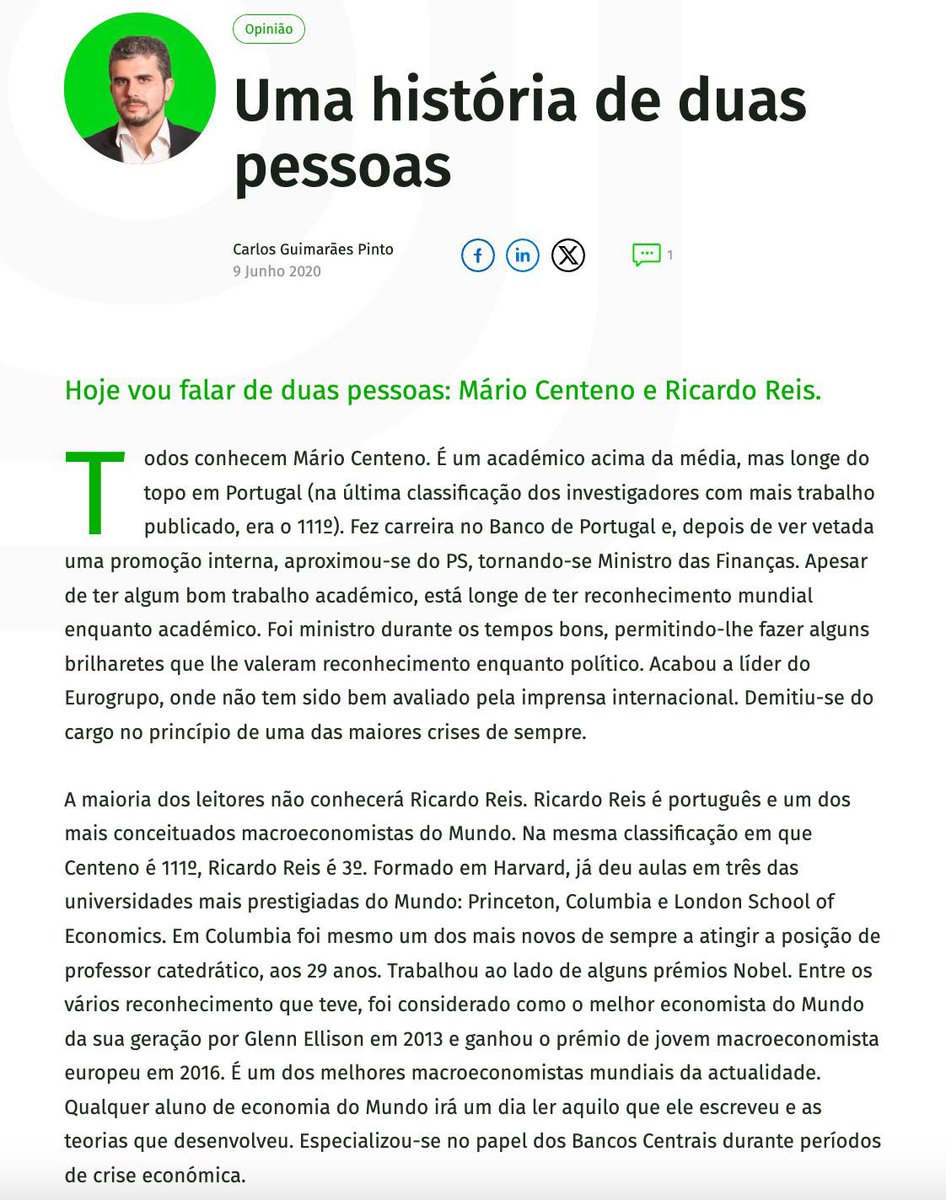 cgpliberal's tweet image. Escrevi este artigo há 5 anos (artigo completo: eco.sapo.pt/opiniao/uma-hi… ). Mantenho a mesma opinião.
Corremos o risco de acabar com Centeno por pressão vinda de Bruxelas, apesar do pecado original da sua nomeação.
Um sinal do país que temos. Que daqui a 5 anos seja diferente.