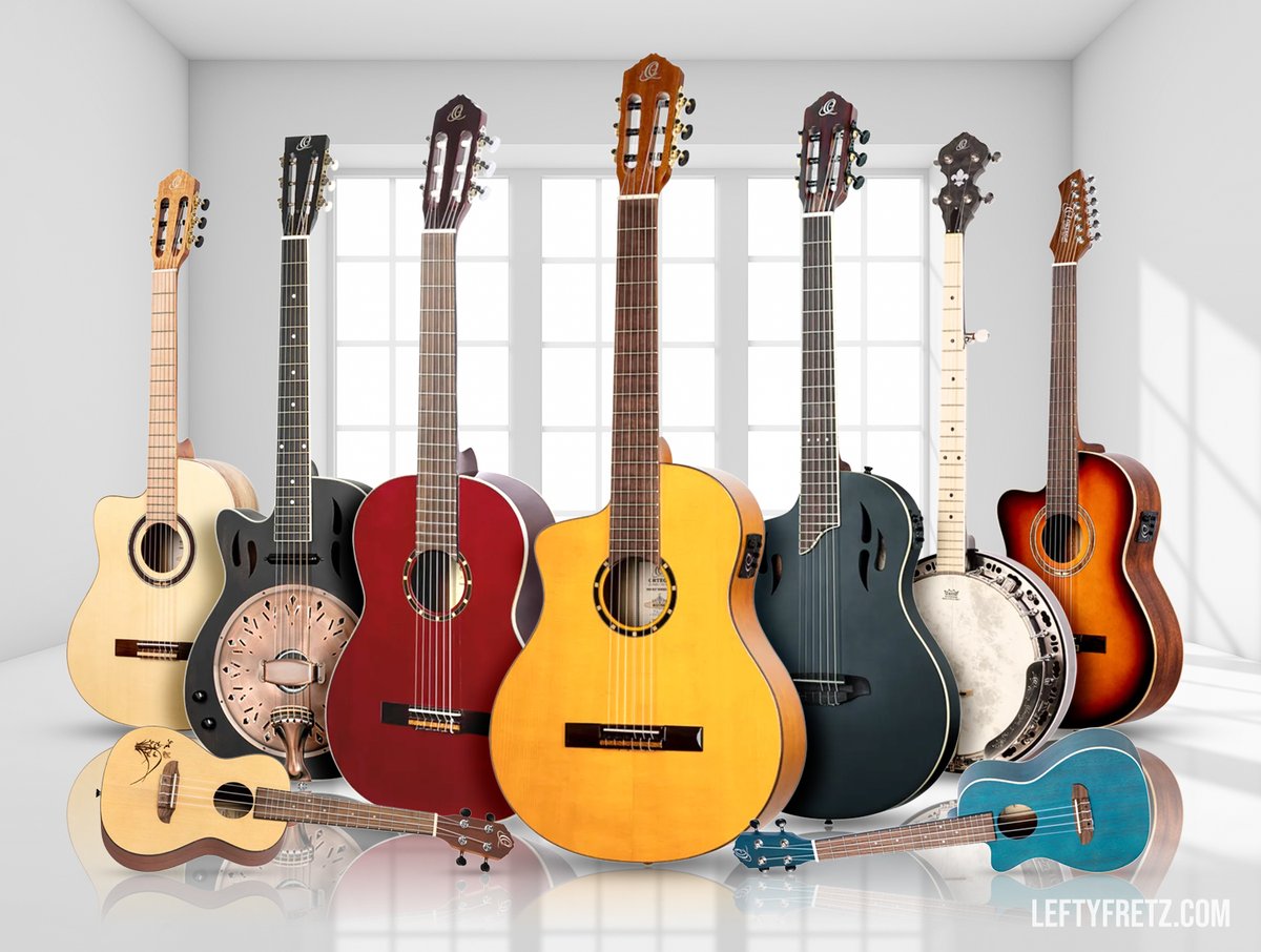 Ortega offers a great range of left-handed instruments — nylon-string classical &amp; flamenco guitars, acoustic basses, banjos, ukes, mandolins &amp; resonators! 🙌

👉 See all the models at LeftyFretz.com!