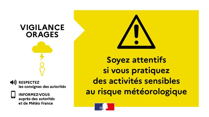 #Orages⚡️| Le département de la #Gironde est placé en vigilance JAUNE pour le risque d'orage à compter de 23h et jusqu'à 15h demain.  

Soyez vigilants lors de vos activités en extérieur et suivez l'évolution de la situation sur : vigilance.meteofrance.fr/fr/gironde