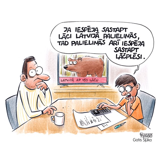 KarikaturaLv's tweet image. Aizvadītā gada monitoringa dati liecina, ka Latvijā uzturas ap 150 lāču. Mednieki gan vērtē, ka šis skaits varētu būt pat daudz lielāks. 🐻🐻🐻 @lasilvportals