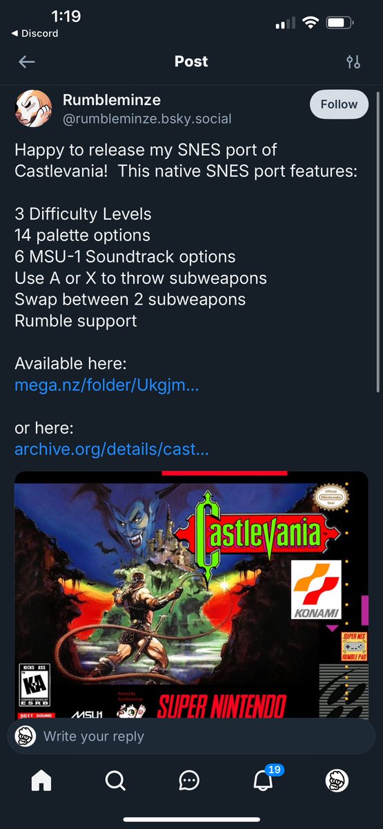 kandowontu's tweet image. Another NES->SNES port completed by Rumbleminze! This time it’s CASTLEVANIA and it includes RUMBLE SUPPORT!!!!!!!
archive.org/details/castle…