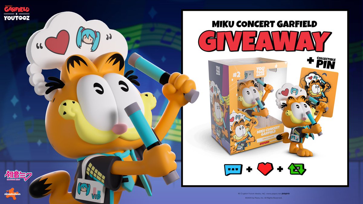 ⭐”MIKU CONCERT GARFIELD” FIGURE GIVEAWAY ⭐

to win the figure &amp; pin for free retweet &amp; like this post then comment #HATSUNEMIKU 💙 no limits on entries 

3 winners announced july 25th 🍝