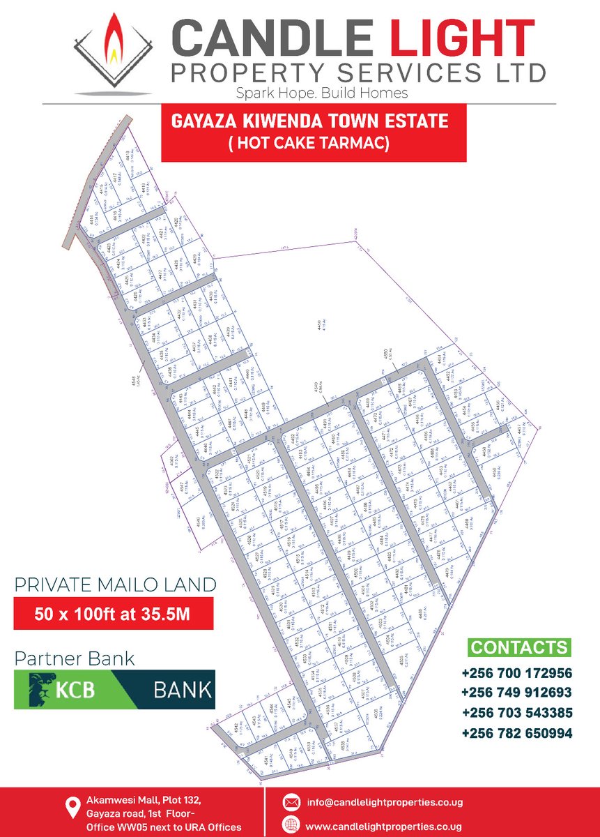 candlelightprop's tweet photo. LAND FOR SALE! 
🔥Hot Cake Alert: Gayaza Kiwenda Town Estate @ 35.5M only!
📍Other estates from 12M–280M in Busiika, Kajjansi, Kitende, Entebbe &amp; more!
✅ Private Mailo Land
✅ Free Inspection &amp; Title Transfer
✅ Financing via @KCBBankUganda
📞 +256 700 172956 / +256 749 912693 https://t.co/NZnmZ2dThj