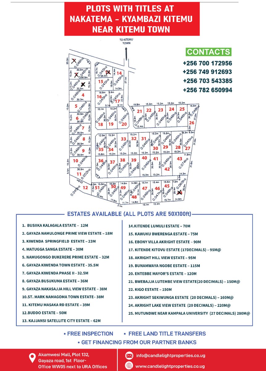 candlelightprop's tweet photo. LAND FOR SALE! 
🔥Hot Cake Alert: Gayaza Kiwenda Town Estate @ 35.5M only!
📍Other estates from 12M–280M in Busiika, Kajjansi, Kitende, Entebbe &amp; more!
✅ Private Mailo Land
✅ Free Inspection &amp; Title Transfer
✅ Financing via @KCBBankUganda
📞 +256 700 172956 / +256 749 912693 https://t.co/NZnmZ2dThj