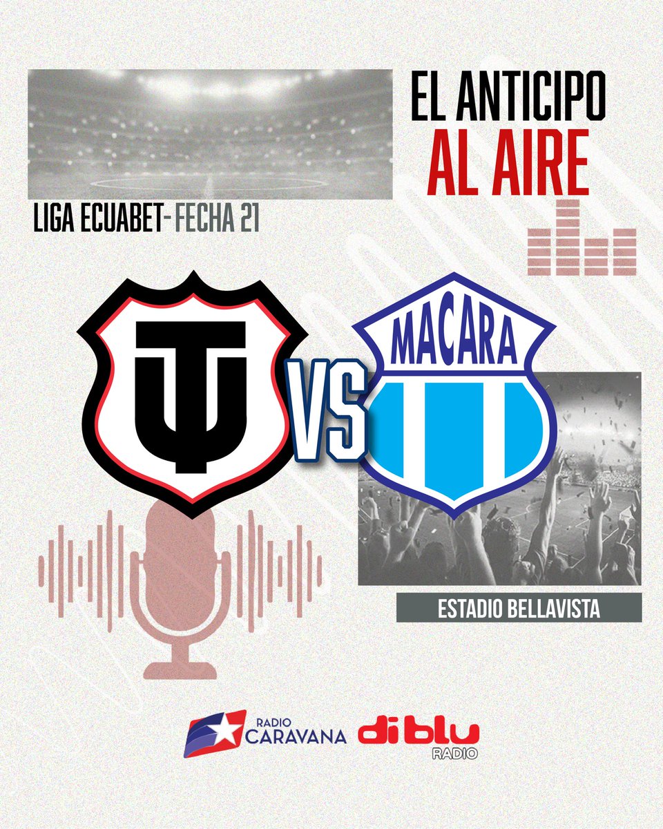 Radio Caravana (@caravana750) on Twitter photo 🔥 ¡TENEMOS CLÁSICO!
🎙️ <a href="/gileralava/">Eduardo Giler Alava</a>
🎙️ <a href="/PatoCornejo/">Patricio Cornejo</a>
🎙️ <a href="/ccarrasco750/">Christian Carrasco</a>
🎙️ <a href="/rominariera11/">romina riera</a>
🎙️ <a href="/nadia_manosalva/">nadia manosalvas </a>
🔴 <a href="/TecnicoUOficial/">TécnicoUniversitario</a> 🆚 <a href="/Macara_Oficial/">Club Dep. Macará</a> 🔵
🏆 <a href="/LigaEcuabetec/">Liga Ecuabet</a>
🗓️ Fecha 21
🏟️ Bellavista
⏰ 13H00
👉🏻 Disfrútalo por diblu.ec y radiocaravana.com 🔥 ¡TENEMOS CLÁSICO!
🎙️ <a href="/gileralava/">Eduardo Giler Alava</a>
🎙️ <a href="/PatoCornejo/">Patricio Cornejo</a>
🎙️ <a href="/ccarrasco750/">Christian Carrasco</a>
🎙️ <a href="/rominariera11/">romina riera</a>
🎙️ <a href="/nadia_manosalva/">nadia manosalvas </a>
🔴 <a href="/TecnicoUOficial/">TécnicoUniversitario</a> 🆚 <a href="/Macara_Oficial/">Club Dep. Macará</a> 🔵
🏆 <a href="/LigaEcuabetec/">Liga Ecuabet</a>
🗓️ Fecha 21
🏟️ Bellavista
⏰ 13H00
👉🏻 Disfrútalo por diblu.ec y radiocaravana.com