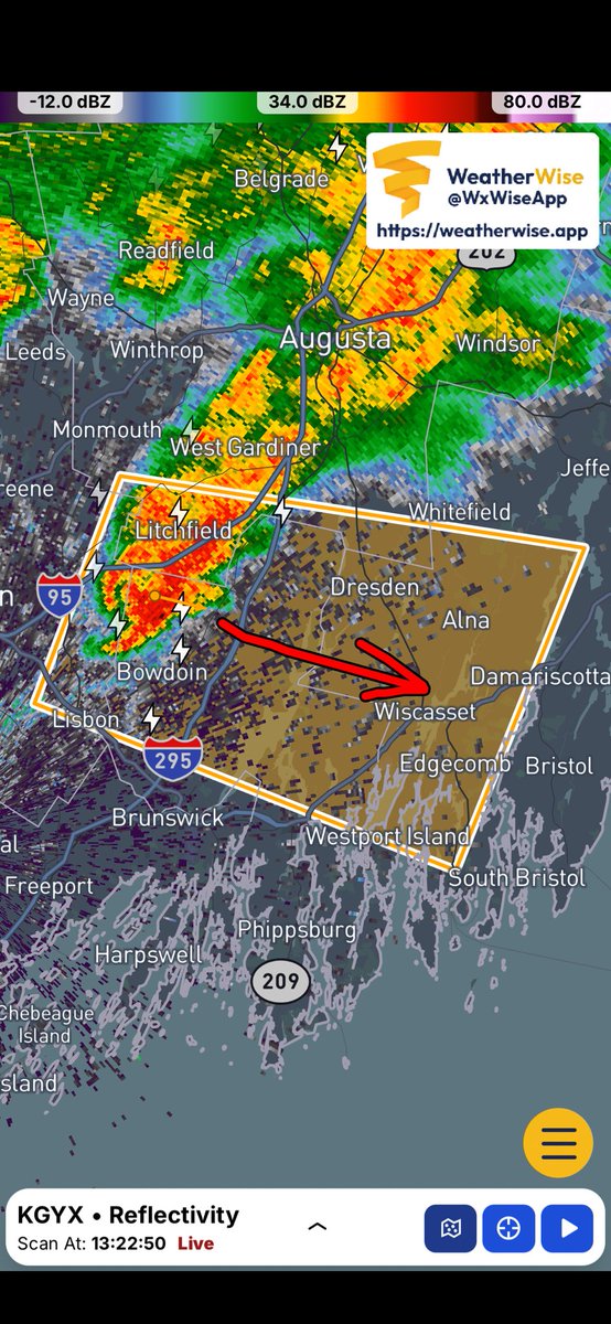 First Severe Thunderstorm Warning of the day for this storm moving from Bowdoin and Litchfield toward the Midcoast. 1” hail and wind gusts to 60 mph possible in spots.