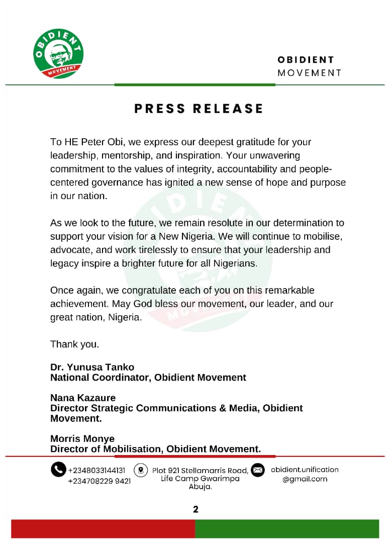 POMediaCenter's tweet image. Dear Esteemed Members of the Obidient Movement,
On behalf of the entire Obidient Movement family, I extend my warmest and most heartfelt congratulations to each and every one of us for the phenomenal success of our PEACEFUL nationwide celebrations in honour of His Excellency,…