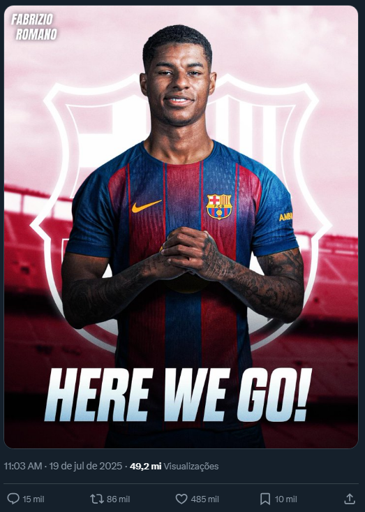 Culernews's tweet photo. O post do "Here We Go" do Rashford para o Barcelona conta com 49,2 milhões de views no X. https://t.co/hjXERLNFwq
