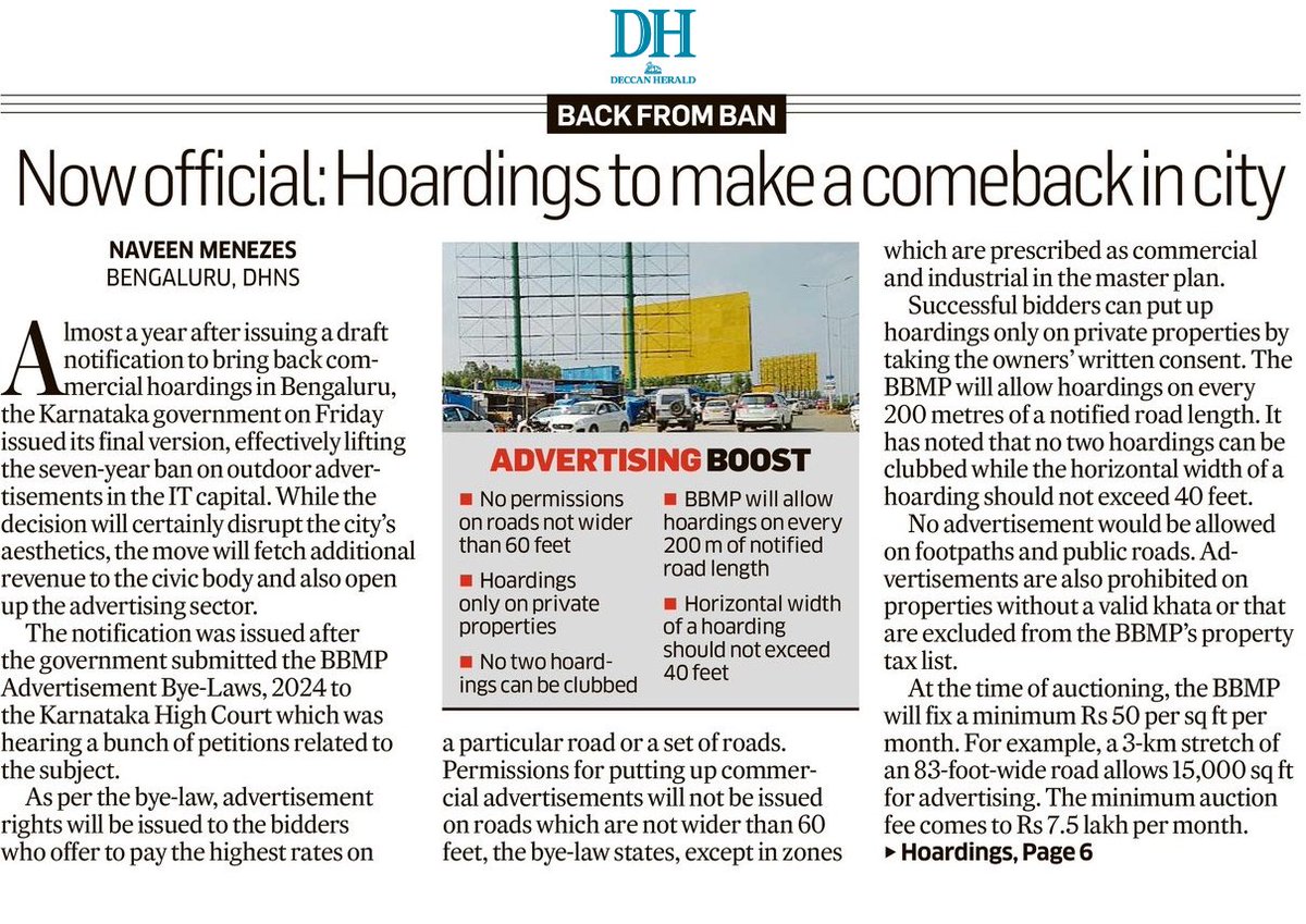 naveenmzs's tweet image. Back from a 7-year ban: Bengaluru to see commercial hoardings again.
BBMP to permit them every 200 m on private properties—but not on footpaths or certain roads narrower than 60 ft.
Advertising sector, currently in the hands of just a few in Blr, opens up too.