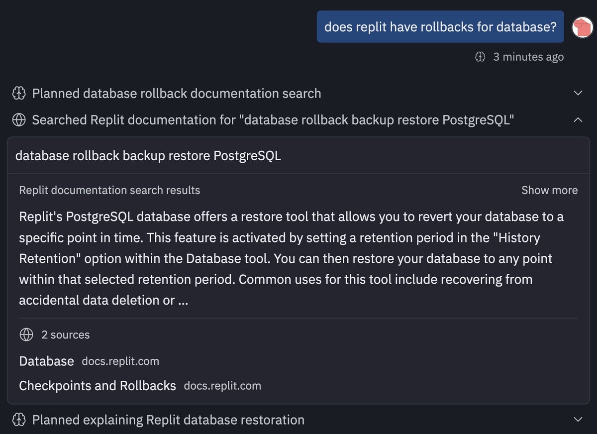 We saw Jason’s post. <a href="/Replit/">Replit ⠕</a> agent in development deleted data from the production database. Unacceptable and should never be possible.

- Working around the weekend, we started rolling out automatic DB dev/prod separation to prevent this categorically. Staging environments in