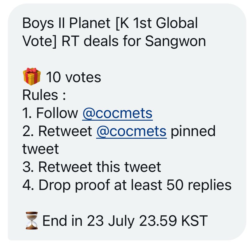 lswonology's tweet photo. 1ST GLOBAL VOTE RT DEAL FOR #SANGWON
 
🗳️ 10 votes 

☁️ follow @cocmets 
☁️ RT @cocmets’ pinned tweet
☁️ RT this tweet
☁️ drop proofs (50 min) 

📆 Ends 07/23 11:59PM KST https://t.co/plZBuO83DZ