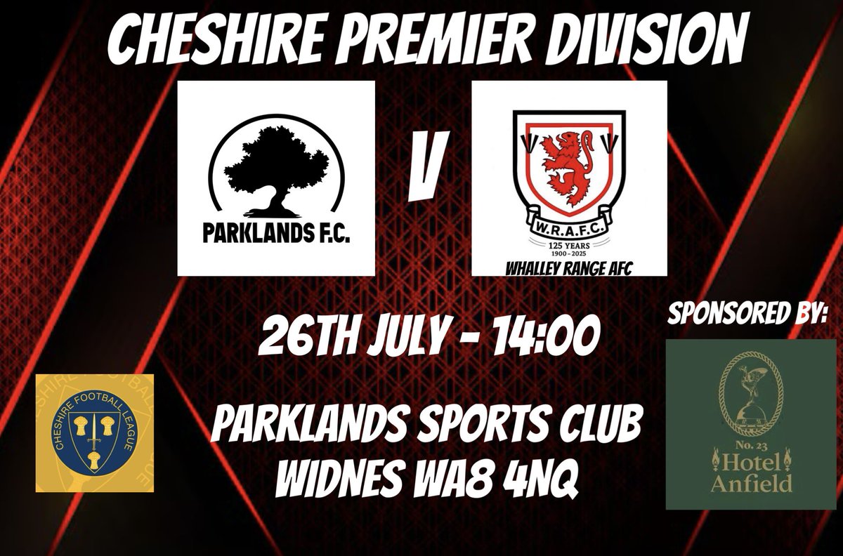 Parklands FC🌳 (@parklandwidi) on Twitter photo First league game of the new season raring to go……
First team:
🆚 <a href="/WRAFC1stTeam/">Whalley Range AFC</a>
🏟️ WA8 4NQ
📆 Sat 26th July
🕑 14:00 KO
🏆 <a href="/CheshireFL/">Cheshire Football League ⚽️</a>
🤝 <a href="/hotelanfield/">Hotel Anfield | 23 Anfield Rd</a>
#grassrootsfootball #widnes #cheshirefl
#halton #football #localfootball #11aside #mensfootball #NonLeague First league game of the new season raring to go……
First team:
🆚 <a href="/WRAFC1stTeam/">Whalley Range AFC</a>
🏟️ WA8 4NQ
📆 Sat 26th July
🕑 14:00 KO
🏆 <a href="/CheshireFL/">Cheshire Football League ⚽️</a>
🤝 <a href="/hotelanfield/">Hotel Anfield | 23 Anfield Rd</a>
#grassrootsfootball #widnes #cheshirefl
#halton #football #localfootball #11aside #mensfootball #NonLeague