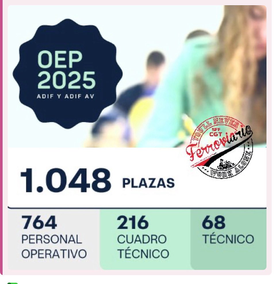 Ferroviari@s Málaga CGT (@sffcgtmalaga) on Twitter photo 📣 Publicada OEP 2025 inscripciones hasta 7/8/25
🤓 Curso oepadif2025.comoserferroviario.es
info ⤵️
blog.comoserferroviario.es/2025/06/06/oep…
#sffcgt #cgtandaluciaceutaymelilla #ferroviario <a href="/destacar/">ISABEL FERNANDEZ AR</a> <a href="/SFFCGT/">CGT Sector Federal Ferroviario</a> <a href="/SGeneral_SFFCGT/">Secretaría General SFF-CGT</a> <a href="/sffcgtmalaga/">Ferroviari@s Málaga CGT</a> <a href="/CGT_A/">CGT Andalucia</a>
☘️ vm.tiktok.com/ZNdm9q2pj/
☘️ facebook.com/10005739946282…? 📣 Publicada OEP 2025 inscripciones hasta 7/8/25
🤓 Curso oepadif2025.comoserferroviario.es
info ⤵️
blog.comoserferroviario.es/2025/06/06/oep…
#sffcgt #cgtandaluciaceutaymelilla #ferroviario <a href="/destacar/">ISABEL FERNANDEZ AR</a> <a href="/SFFCGT/">CGT Sector Federal Ferroviario</a> <a href="/SGeneral_SFFCGT/">Secretaría General SFF-CGT</a> <a href="/sffcgtmalaga/">Ferroviari@s Málaga CGT</a> <a href="/CGT_A/">CGT Andalucia</a>
☘️ vm.tiktok.com/ZNdm9q2pj/
☘️ facebook.com/10005739946282…?