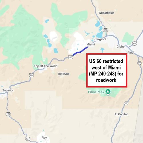 * US 60 RESTRICTED MIAMI AREA *

US 60 west of Miami (MP 240-243) will be restricted daily from 5 a.m. to 6 p.m. Monday, July 21, through Thursday, July 24, and from 5 a.m. to noon Friday, July 25.

More: content.govdelivery.com/accounts/AZDOT…