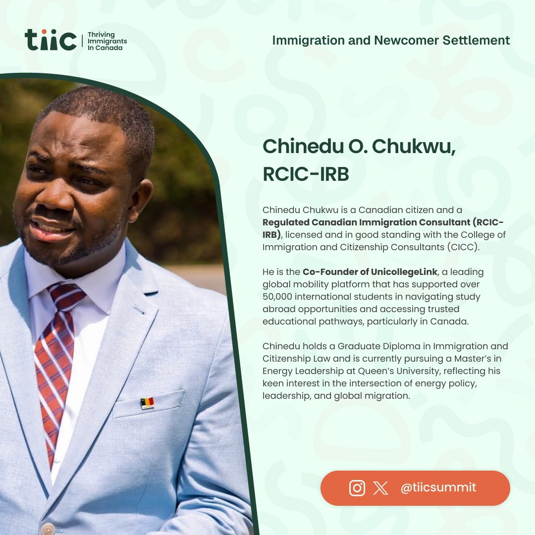TIICsummit's tweet image. We have Chinedu Chukwu, co-founder of @UnicollegeLink_ as a panelist at the Immigration & Newcomer Settlement session at #TIICSUMMIT2025
With more than a decade of immigration experience, he will join us to share informed immigration guidance
Register at linktr.ee/tiicsummit