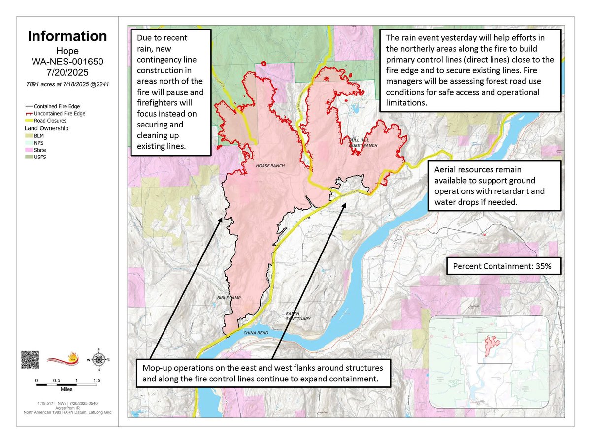 EWFIREANDHAZARD's tweet image. #HopeFire
Ferry County
7/20/25

Update:
inciweb.wildfire.gov/incident-infor…

Evacuation and road closure information is available on the Stevens County Emergency Management Facebook page facebook.com/stevenscountye…