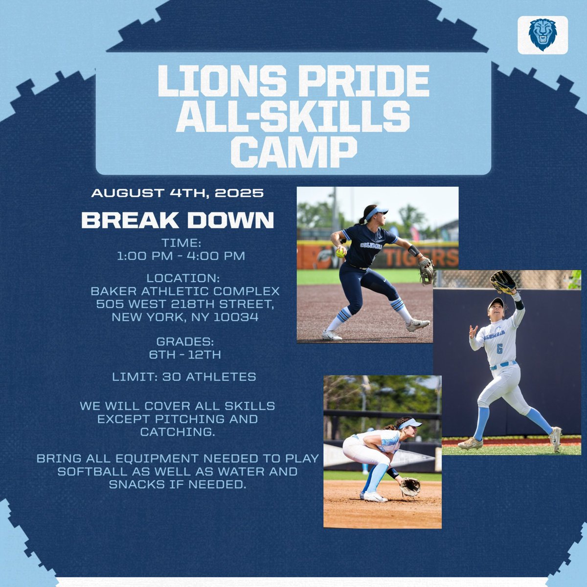 We’re a little over 2 weeks away from our August camp. Last chance to get in front of us before September 1! Join us for a fun and high energy camp experience and get to know the Columbia softball coaching staff in the process. Register today 🦁