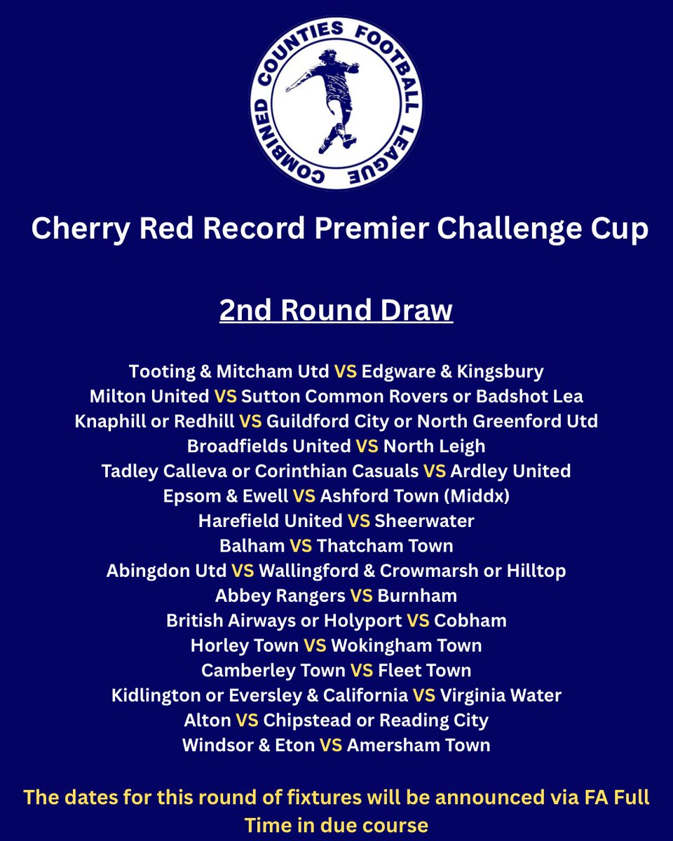 ComCoFL's tweet image. 🏆 The draw is in! Here’s how the Cherry Red Records Premier Challenge Cup 1st & 2nd rounds are shaping up…
Some exciting fixtures ahead — which one are you planning to attend? 👀⚽
#PremierChallengeCup #NonLeagueFootball