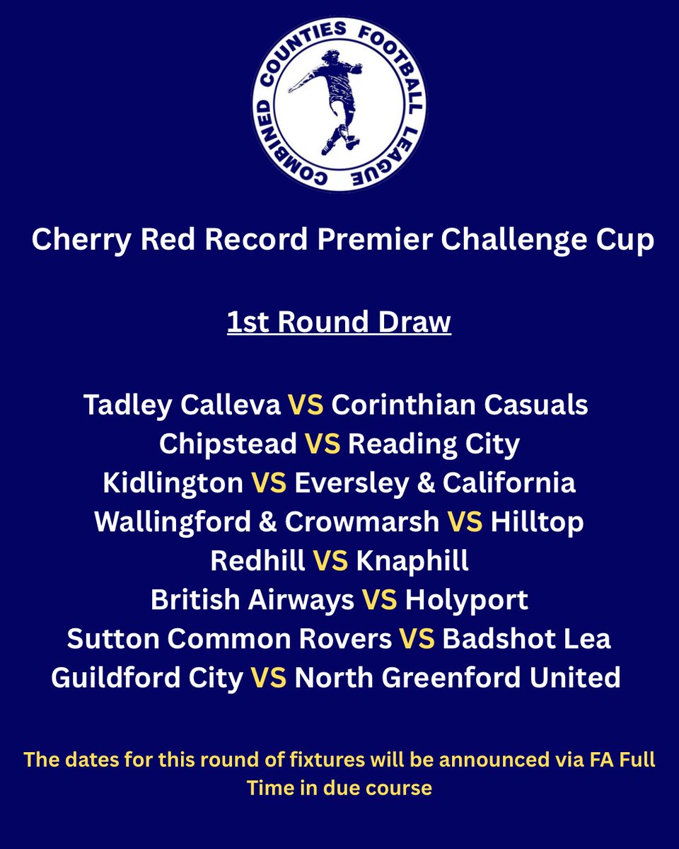 ComCoFL's tweet image. 🏆 The draw is in! Here’s how the Cherry Red Records Premier Challenge Cup 1st & 2nd rounds are shaping up…
Some exciting fixtures ahead — which one are you planning to attend? 👀⚽
#PremierChallengeCup #NonLeagueFootball