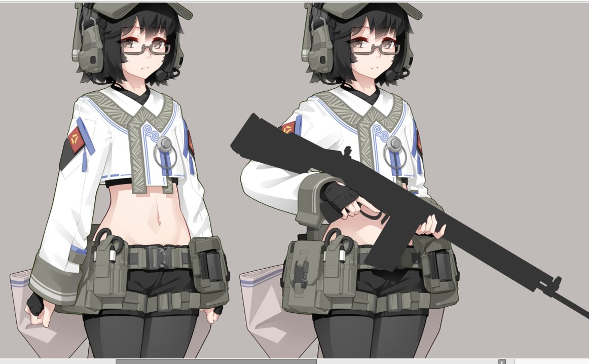 StarfleetColle's tweet image. Okay so here's the idea, expression be changed by the dialogues, weapons be set by the current game state;
It'll create several problems (for the art-me and the dev-me, mainly the art-me),
but beer-me is the project lead and the project lead wants it
