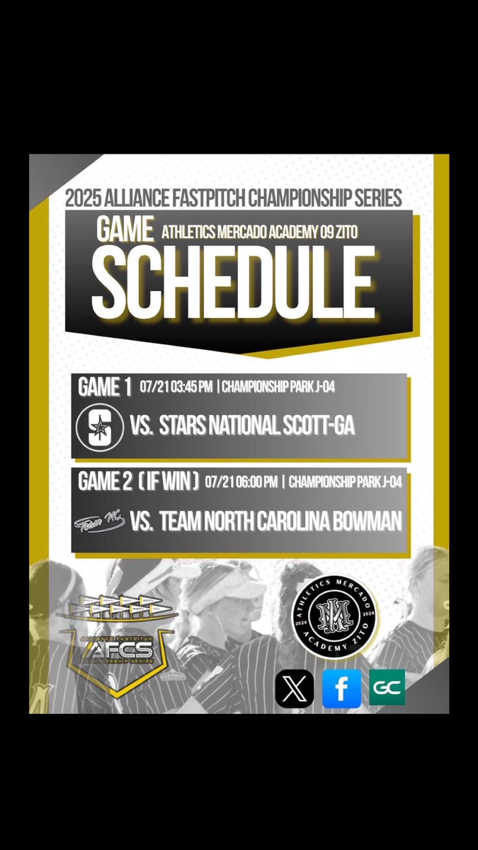 So excited to compete in Indy this week!!
Come see us play!
<a href="/AcademyZito/">Athletics Mercado Academy 09 Zito</a> <a href="/LSASoftball/">LSA Softball</a> <a href="/LegacyLegendsS1/">Legacy & Legends Softball</a> <a href="/thealliancefp/">The Alliance Fastpitch</a>