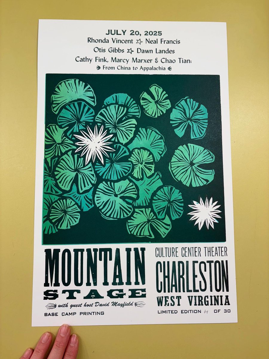 MountainStage's tweet image. TONIGHT in CWV!
We are excited to be back at the Culture Center Theater with guest host David Mayfield as he welcomes this incredible lineup of artists.
Stop by the merch table to pick up one of these limited edition @basecampprinting prints for your collection!