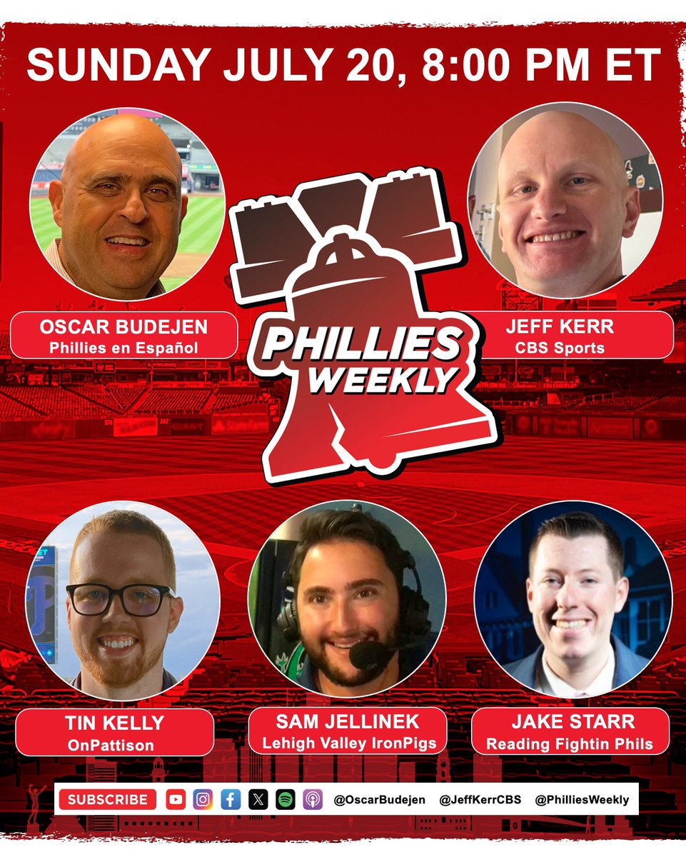OscarBudejen's tweet image. PHILLIES WEEKLY TONIGHT @ 8:00 PM ET via X, IG, YouTube, FB
Joining @JeffKerrCBS & @OscarBudejen
SPECIAL GUESTS: @TimKellySports @SamJellinek @jstarr1999
We will analyze:
* Start of the 2nd Half
* Trading Deadline Game Plan
* #Phillies Minor League System
#RingTheBell #MLB