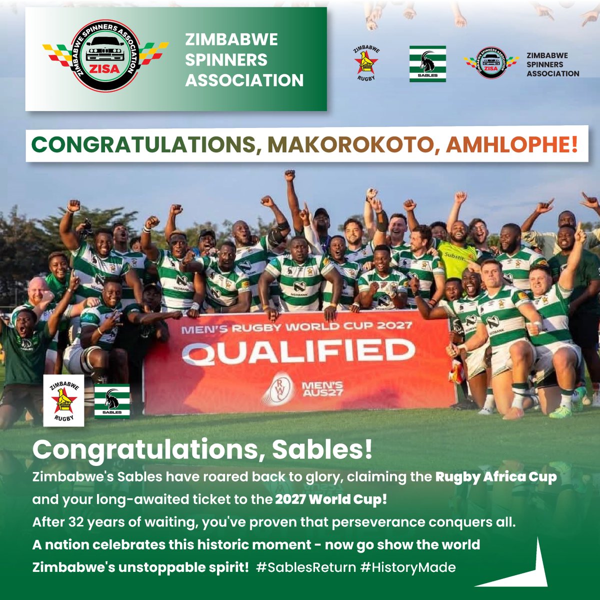 ZimbabweSrc's tweet image. SALUTING THE SABLES!
The Spinners Association of Zimbabwe celebrates the Sables' sensational Rugby Africa Cup win and World Cup qualification.
@ZimRugbyUnion @SablesRugbyZW @MinSport_ArtsZw