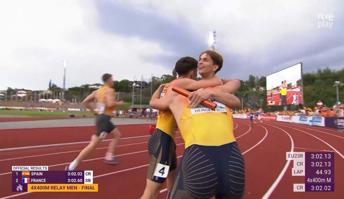 🥹 CAMPEONES.

🇪🇸 España, campeona de Europa Sub23 de 4x400 masculino con récord europeo de la categoría con 3:02.02.

🏃🏻‍♂️ David Gª Zurita
🏃🏻‍♂️ Ángel Fernández
🏃🏻‍♂️ Markel Fernández 
🏃🏻‍♂️ Gerson Pozo

Si los mayores han sido The Beatles, ¿cómo bautizamos a los niños de oro?