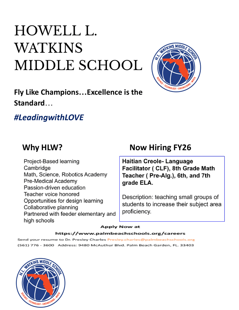 Dr. Presley Charles (@presleycharles) on Twitter photo <a href="/WatkinsSeminol1/">Watkins Seminoles</a> 📣 Now Hiring at HL Watkins Middle School – FY26: Haitian Creole CLF, 8th Grade Math, 6th/7th ELA. Apply today! 🚀 #TeachingJobs #FlyLikeChampions #LeadingwithLOVE <a href="/WatkinsSeminol1/">Watkins Seminoles</a> 📣 Now Hiring at HL Watkins Middle School – FY26: Haitian Creole CLF, 8th Grade Math, 6th/7th ELA. Apply today! 🚀 #TeachingJobs #FlyLikeChampions #LeadingwithLOVE