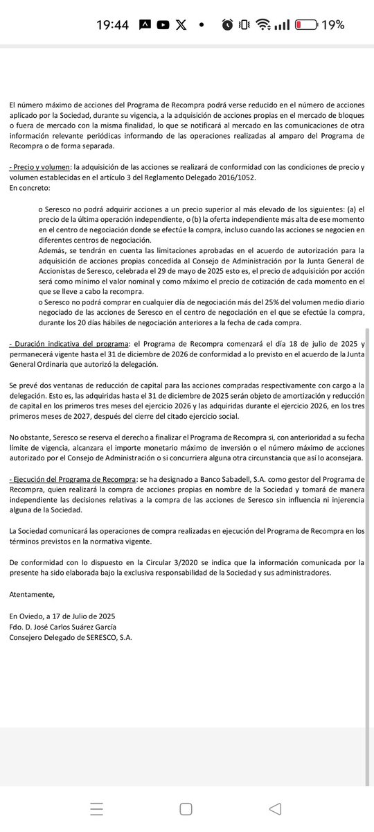at_inversion's tweet photo. Nuevo plan de recompra de #seresco 👏🏻🏆 1.000.000€ es decir 160.000 acciones propias representativas de aproximadamente el 
1,53% del capital social de la Sociedad... Menos float (acciones en circulación) mayor crecimiento de valor con unos resultados en 5 años de 1048% de ⬆️🆙 https://t.co/ejUIPfagIe