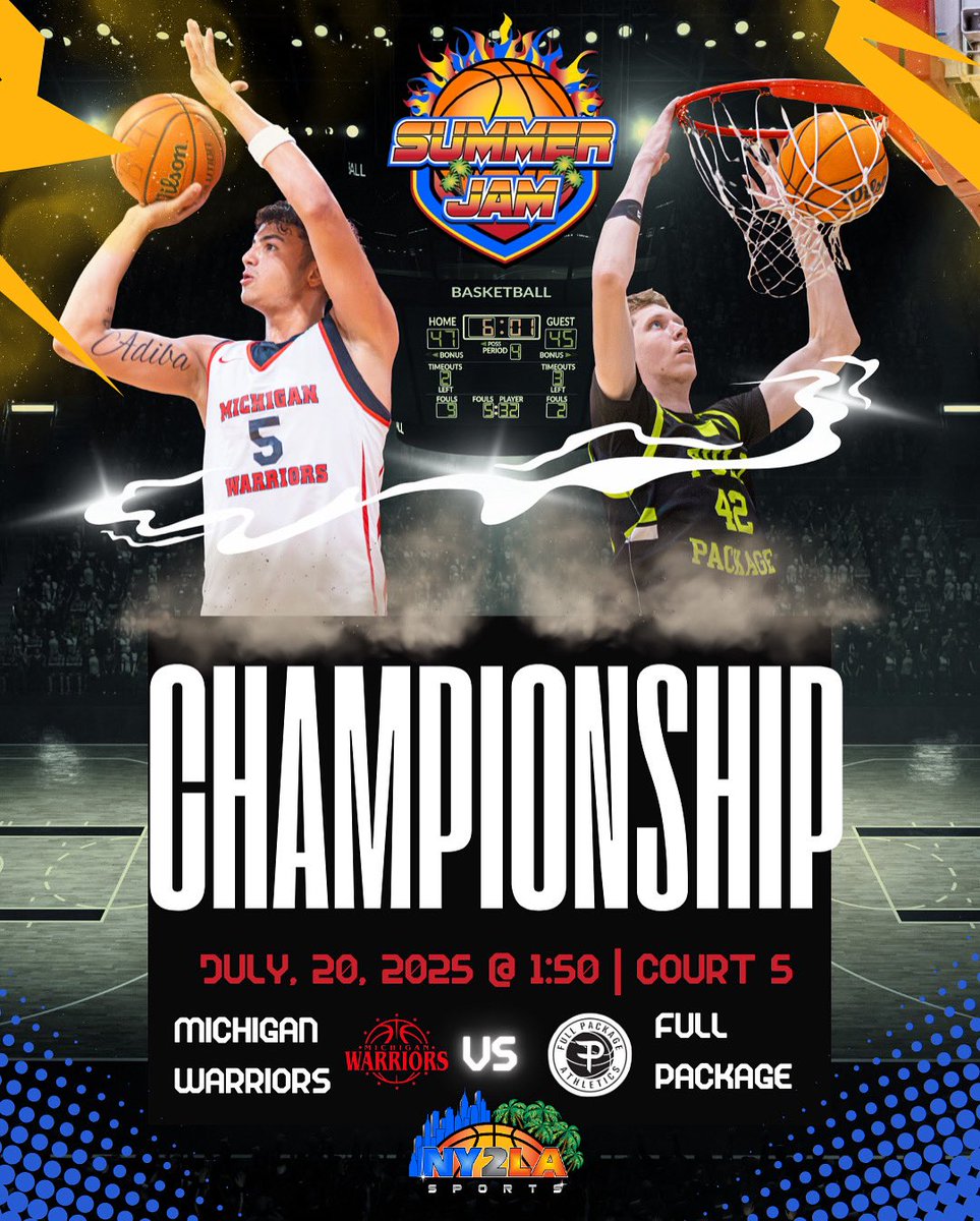CHAMPIONSHIP TIME 🔥

Two squads. One trophy.

Michigan Warriors 🆚 Full Package
⏰ 1:50 PM
📍 Court 5

#NY2LA🏀 #WriteYourStory✍️