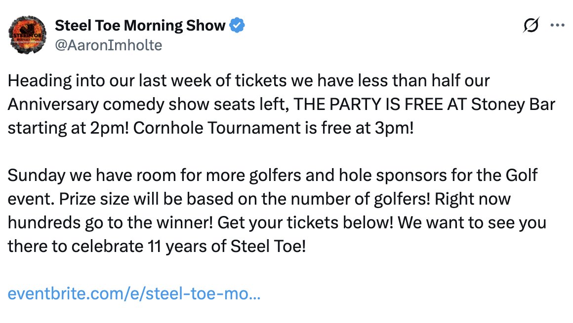 MutteringJ's tweet image. WORLD EXCLUSIVE: STEEL TOE MEDIA INTERNATIONAL INC 'WINNING'?
So @AaronImholte has sold less than half of tickets for his pretend comedy show, with ZERO tickets sold for the party or Cornhole tournament! Begging more yokels to play golf with NO guarantee of prize money levels!